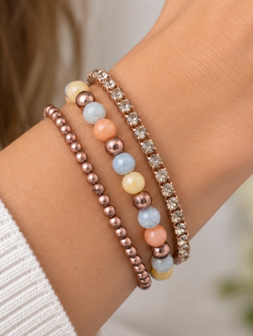 Rose Gold Color Stackable Stretch Bracelet Set Beaded Rhinestone Tennis Bracelet